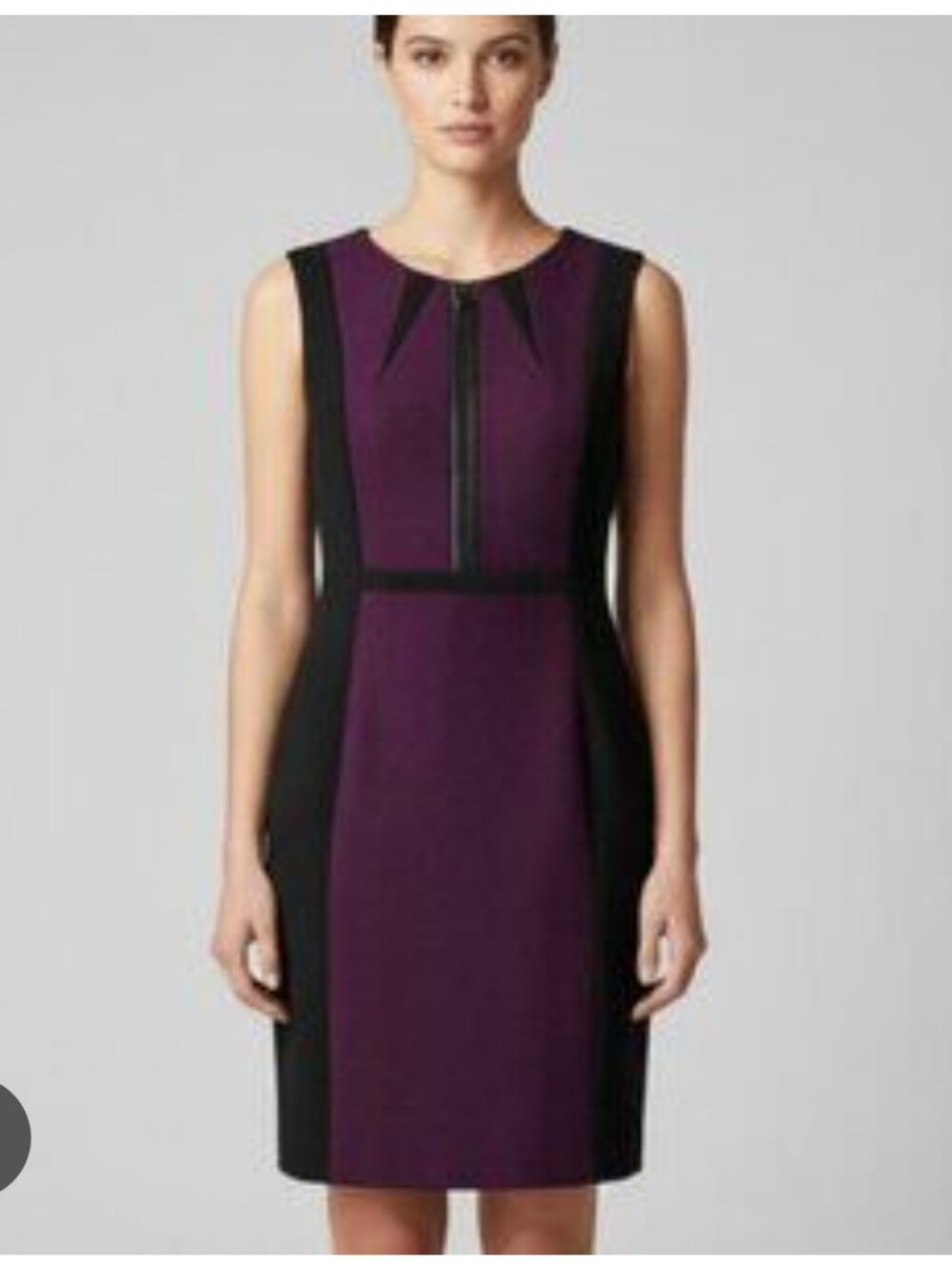 Tahari ASL Purple and Black Sleeveless Midi Sheath Dress with Front Zip